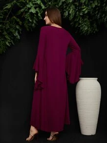 Al Najma Burgundy Red Embroidery Applique Flounce Sleeve Dress, Modest Kaftan - Burgundy - View 2