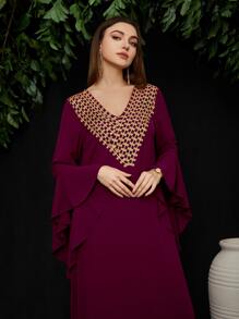 Al Najma Burgundy Red Embroidery Applique Flounce Sleeve Dress, Modest Kaftan - Burgundy - View 3