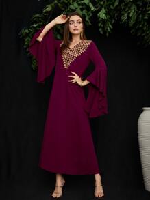 Al Najma Burgundy Red Embroidery Applique Flounce Sleeve Dress, Modest Kaftan - Burgundy - View 4