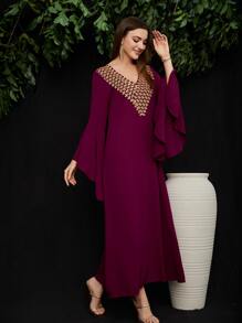 Al Najma Burgundy Red Embroidery Applique Flounce Sleeve Dress, Modest Kaftan - Burgundy - View 5