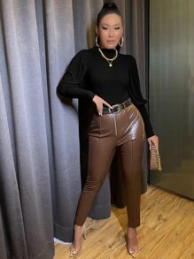 SHEIN SXY 小高領羊腿袖連身背心 - 黑色 - 查看 3