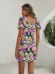 Floral Print Knot Front Puff Sleeve Dress - Multicolor - View 2
