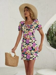 Floral Print Knot Front Puff Sleeve Dress - Multicolor - View 5