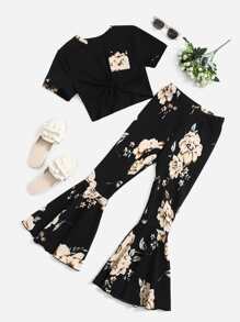 SHEIN Niñas con estampado floral con parche de bolsillo Camiseta & bajo con fruncido Pantalones - Multicolor - Ver 1