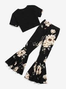SHEIN Niñas con estampado floral con parche de bolsillo Camiseta & bajo con fruncido Pantalones - Multicolor - Ver 2