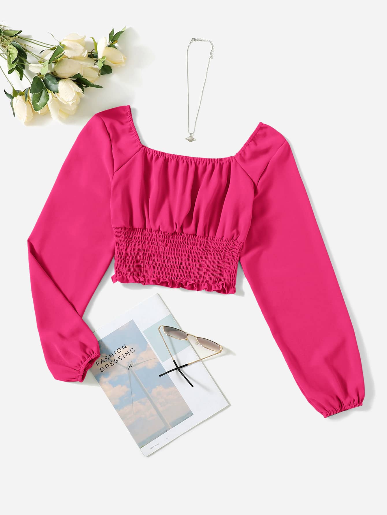 Mulvari Solid Ruched Bust Square Neck Shirred Blouse - Hot Pink - View 1