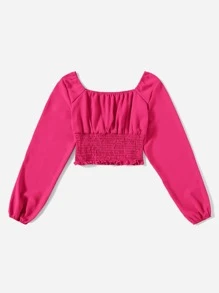 Mulvari Solid Ruched Bust Square Neck Shirred Blouse - Hot Pink - View 2