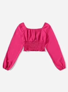 Mulvari Solid Ruched Bust Square Neck Shirred Blouse - Hot Pink - View 4