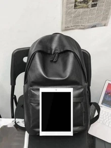 Men Large Capacity Backpack Schoolbag Travel College Leather Vintage Laptop Bag Black Rucksack Fathers Day Computer Hiking Business Padded Compartment - Black - View 7