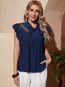 SHEIN Floral Embroidered Ruffle Trim Tie Neck Top - Navy Blue - View 1