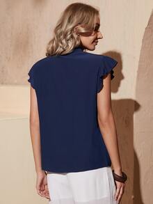 SHEIN Floral Embroidered Ruffle Trim Tie Neck Top - Navy Blue - View 2