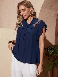 SHEIN Floral Embroidered Ruffle Trim Tie Neck Top - Navy Blue - View 4