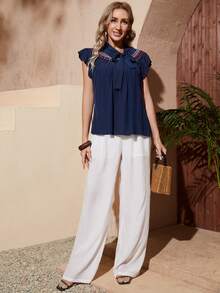 SHEIN Floral Embroidered Ruffle Trim Tie Neck Top - Navy Blue - View 5