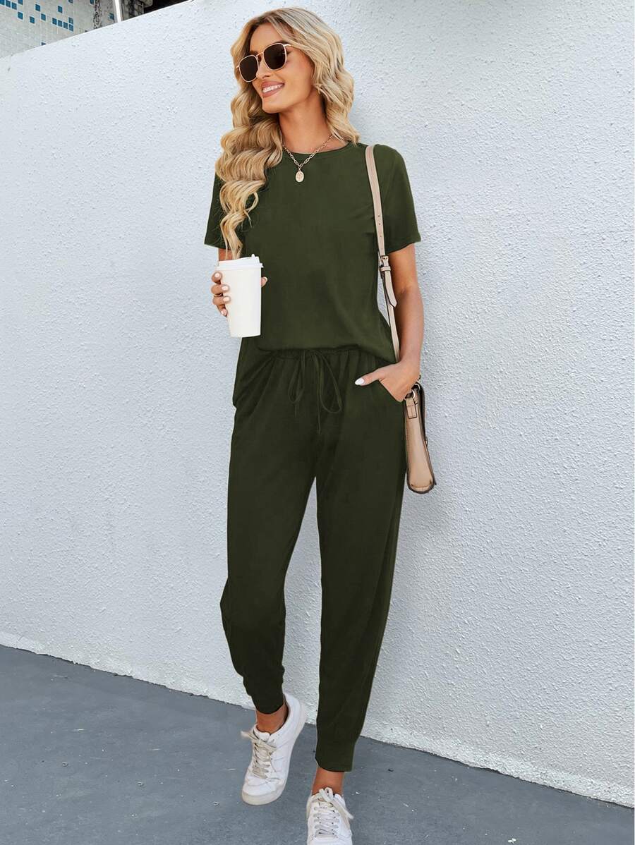 SHEIN LUNE Bộ 2 áo thun tay ngắn và quần dài dệt kim trơn đơn giản đi nghỉ mát cho nữ, nhẹ - xanh quân đội - Xem 1