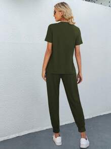 SHEIN LUNE Bộ 2 áo thun tay ngắn và quần dài dệt kim trơn đơn giản đi nghỉ mát cho nữ, nhẹ - xanh quân đội - Xem 2