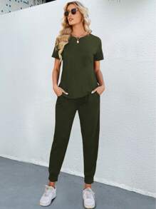 SHEIN LUNE Bộ 2 áo thun tay ngắn và quần dài dệt kim trơn đơn giản đi nghỉ mát cho nữ, nhẹ - xanh quân đội - Xem 3