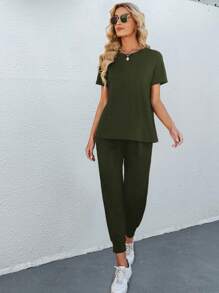 SHEIN LUNE Bộ 2 áo thun tay ngắn và quần dài dệt kim trơn đơn giản đi nghỉ mát cho nữ, nhẹ - xanh quân đội - Xem 4