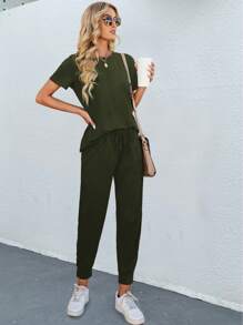SHEIN LUNE Bộ 2 áo thun tay ngắn và quần dài dệt kim trơn đơn giản đi nghỉ mát cho nữ, nhẹ - xanh quân đội - Xem 5