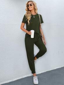 SHEIN LUNE Bộ 2 áo thun tay ngắn và quần dài dệt kim trơn đơn giản đi nghỉ mát cho nữ, nhẹ - xanh quân đội - Xem 6