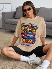 SHEIN Letter and Car Print Top - Apricot - View 1
