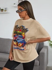 SHEIN Letter and Car Print Top - Apricot - View 3