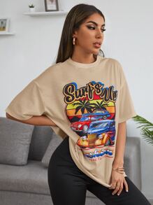 SHEIN Letter and Car Print Top - Apricot - View 4
