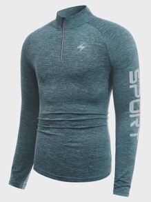 Manfinity Sport Corelite Boyfriend Style Men Letter Graphic Raglan Sleeve Quarter Zip Sports T-Shirt Workout Tops - Dark Green - View 1