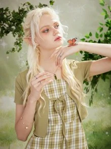 ROMWE Fairycore 前繫帶上衣和格紋洋裝 - 綠色 - 查看 3