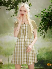 ROMWE Fairycore 前繫帶上衣和格紋洋裝 - 綠色 - 查看 4