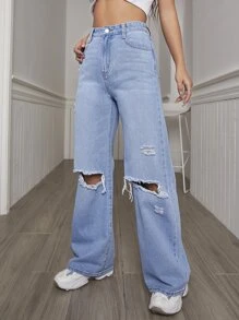 SHEIN Jeans de talle alto desgarro con abertura - Lavado ligero - Ver 3