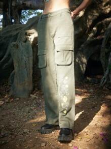 ROMWE Fairycore Quần jean nữ Nút Túi Dây kéo Hoa - màu xanh lá - Xem 1