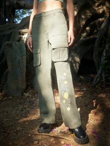 ROMWE Fairycore Quần jean nữ Nút Túi Dây kéo Hoa - màu xanh lá - Xem 2