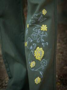 ROMWE Fairycore Quần jean nữ Nút Túi Dây kéo Hoa - màu xanh lá - Xem 3