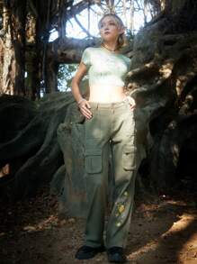 ROMWE Fairycore Quần jean nữ Nút Túi Dây kéo Hoa - màu xanh lá - Xem 4