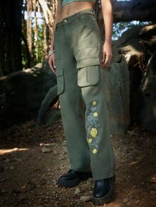 ROMWE Fairycore Quần jean nữ Nút Túi Dây kéo Hoa - màu xanh lá - Xem 5