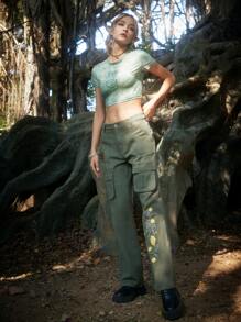 ROMWE Fairycore Quần jean nữ Nút Túi Dây kéo Hoa - màu xanh lá - Xem 6