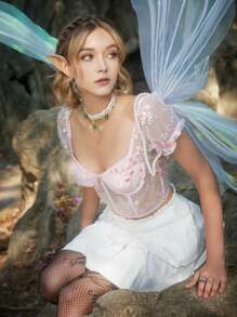 ROMWE Fairycore Floral Embroidery Lace Top Fairy Core - Pink - View 1