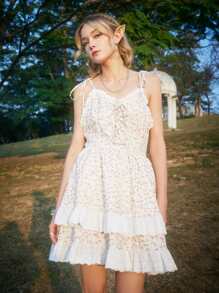 ROMWE Fairycore Đầm Tương phản ren Thắt nút Ren lên Họa tiết hoa Boho - Nhiều màu - Xem 3