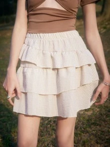 ROMWE Fairycore Váy nữ Xù phân lớp Kẻ sọc Sẵn sàng - Màu Khaki - Xem 2