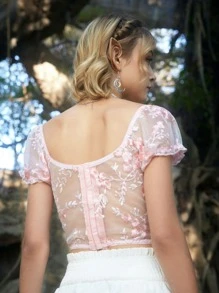 ROMWE Fairycore Floral Embroidery Lace Top Fairy Core - Pink - View 5