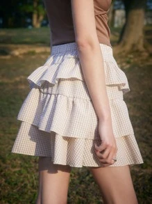 ROMWE Fairycore Váy nữ Xù phân lớp Kẻ sọc Sẵn sàng - Màu Khaki - Xem 5