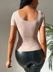 SHEIN Tall Cross Wrap Sweetheart Neck Tee - Beige - View 2