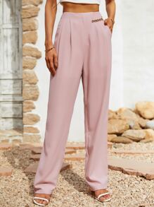 Solid Zip Back Slant Pocket Trousers - Baby Pink - View 1