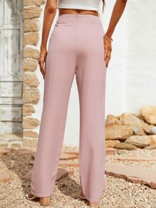 Solid Zip Back Slant Pocket Trousers - Baby Pink - View 2