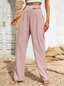 Solid Zip Back Slant Pocket Trousers - Baby Pink - View 4