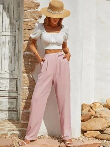 Solid Zip Back Slant Pocket Trousers - Baby Pink - View 6
