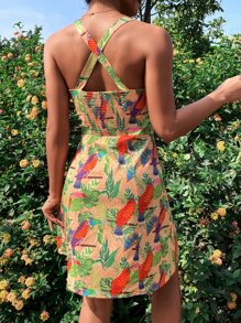 Đầm Hội Chữ thập Dải chun Thú vật Thực vật Boho - Nhiều màu - Xem 2