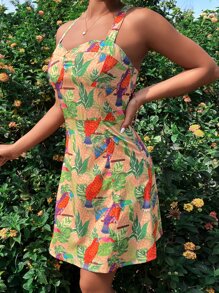 Đầm Hội Chữ thập Dải chun Thú vật Thực vật Boho - Nhiều màu - Xem 6