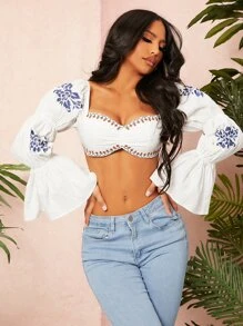 SHEIN SXY Top corto con bordado floral de manga con volante