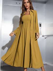 Mulvari Shirred Cami Dress & Open Front Coat Abayas - Mustard Yellow - View 1